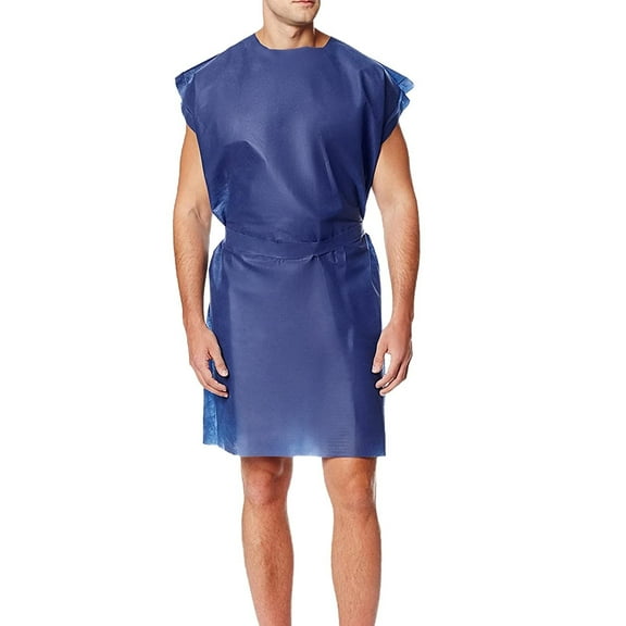 SMS Patient Exam Gowns 45" Pack of 50 Adult Navy Blue Gowns with Waist Tie 3-layer Opaque SMS 35 gsm Patient Gowns with Short Sleeves Open Back with Belt Non-Sterile Disposable Gowns
