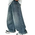 thumbnail image 2 of CPNG Kid Boys Baggy Jeans Straight Wide Leg Cargo Jeans with Pockets Elastic Waist Loose Fit Skater Denim Pants Casual Y2K Long Trousers Streetwear, 2 of 5