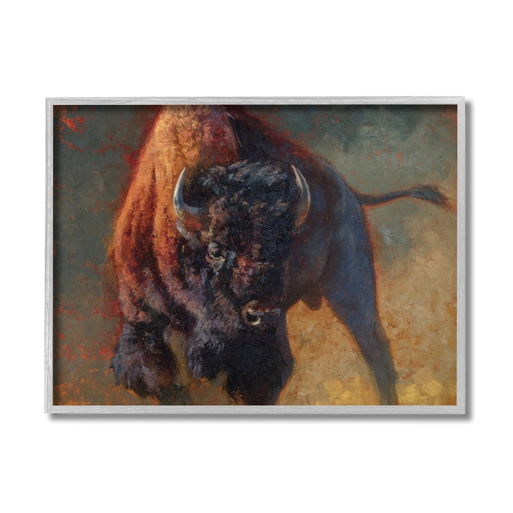 Stupell Industries Running Bull Portrait Masculine Cattle Pose Gray Framed by Julie T. Chapman
