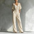 thumbnail image 4 of JULMCOMO Jumpsuits for Women Deep V Neck Cold Shoulder Casual Rompers Half Sleeve Cinched Waist Wide Leg Summer Jumpsuit with Pockets Beige 2XL, 4 of 5