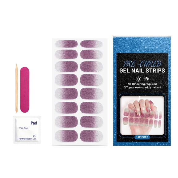 Purple Silver Gradient Gel Nail Strips Set, 16Pcs No UV Required Nail Wraps, 21 Days Long Lasting Easy Apply & Remove Soft Gel Nail Stickers Kit for Women