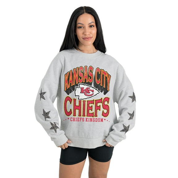 Women's Gameday Couture Ash Kansas City Chiefs Resilience Relaxed Rhinestone Pullover Sweatshirt