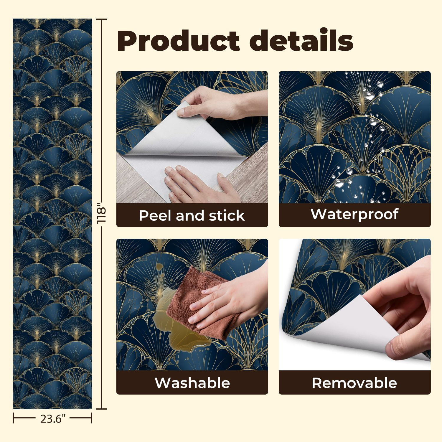 Vintage Peel and Stick Wallpaper Elegant Blue Gold Art Deco Fan Wall Mural 23.6in x 9.8ft Self Adhesive Removable Wall Paper Renter Friendly Wallpaper for Nursery Bedroom Cabinets