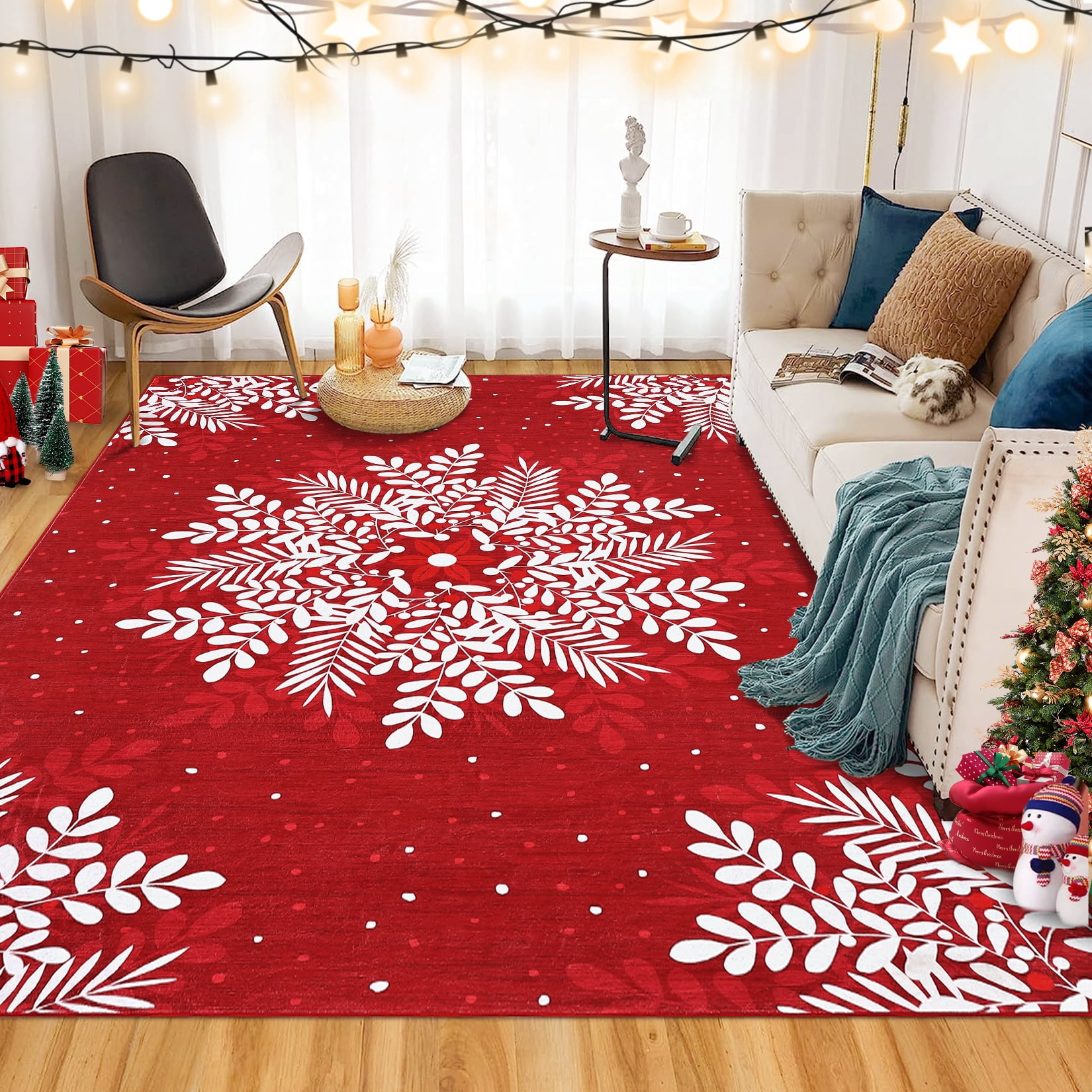 Christmas Area Rug, Non-Slip Washable Snowflake Living Room Rug, Soft Low Pile Rug Holiday Decor Xmas Floor Carpet for Living Room, Bedroom