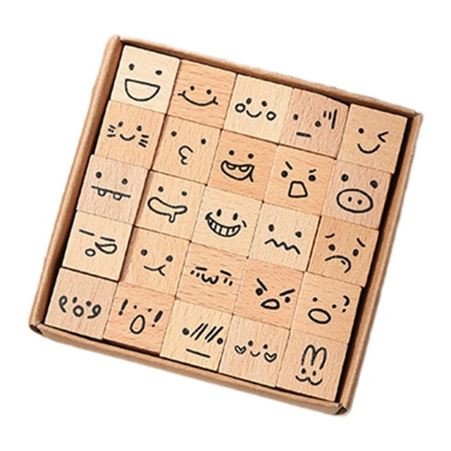 Rongfmy 25 Pieces Diary Stamp Set Wood Stamps for Scrapbooking Drawing Diary Planner Cartoon Expressions