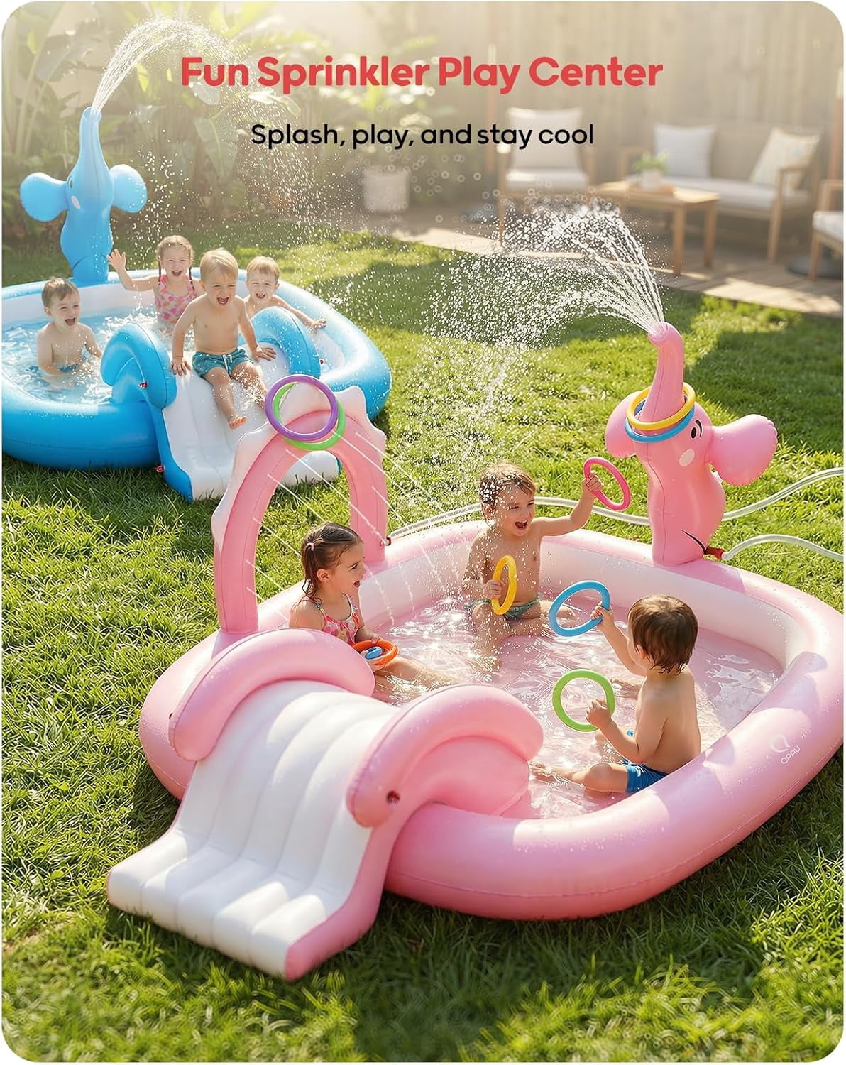 Elephant Kids Pool with Slide and Sprinkler, Inflatable Play Center with 4 Rings, 72 × 64 × 37 in, Fast Inflation Kiddie Pool for Garden & Backyard, Birthday Gift for Ages 1+ (Pink)