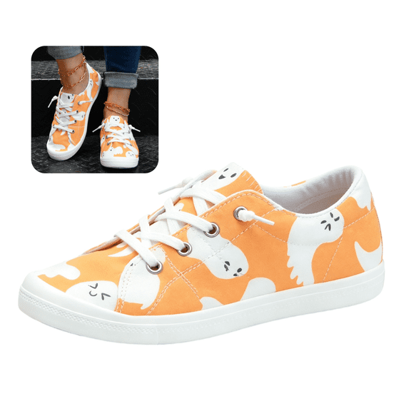 Willtoo Halloween Womens Lace Up Canvas Shoes Low Top Casual Walking Shoes Lightweight Round Toe Fashion Flats for Holiday Daily Wear