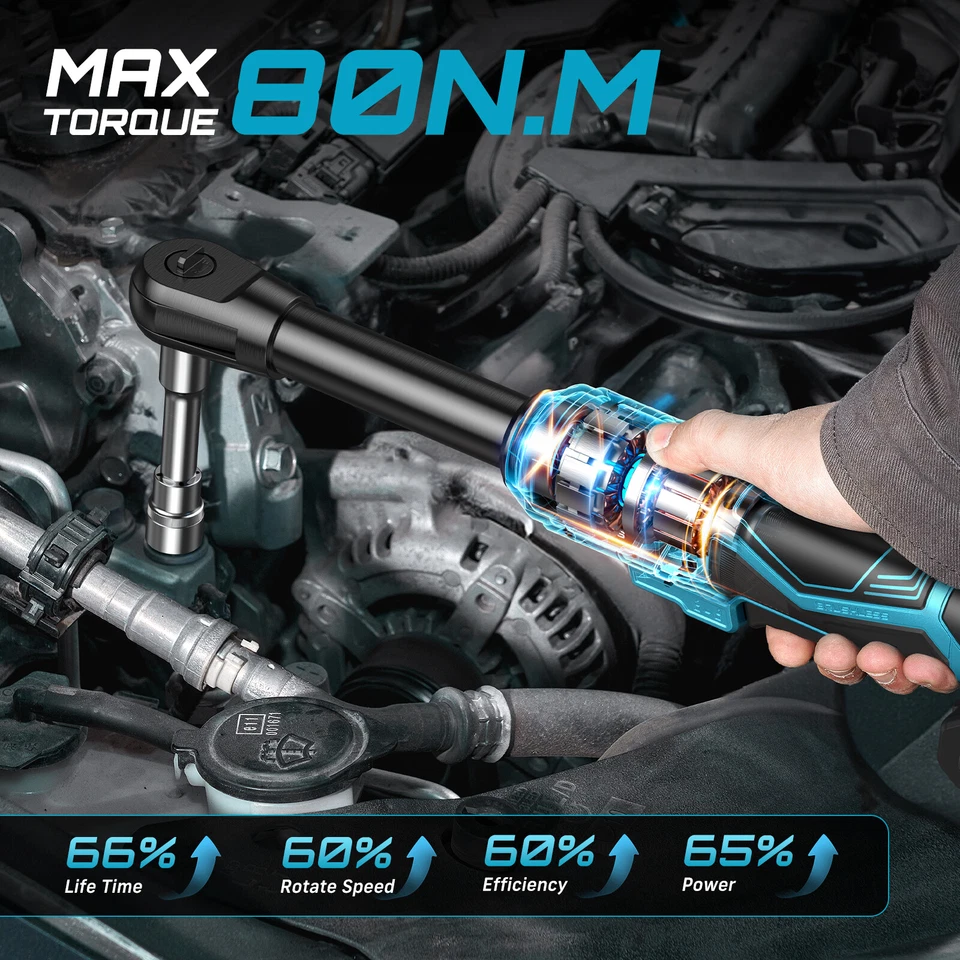 Seesii Extended Cordless Electric Ratchet Wrench: 59Ft-lbs Power Ratchet Wrench 3/8", Brushless  0-400RPM Variable Speed Trigger, 2 Pack 21V Batteries & Charger, 8 Sockets, 1/4"& 1/2" Adapter