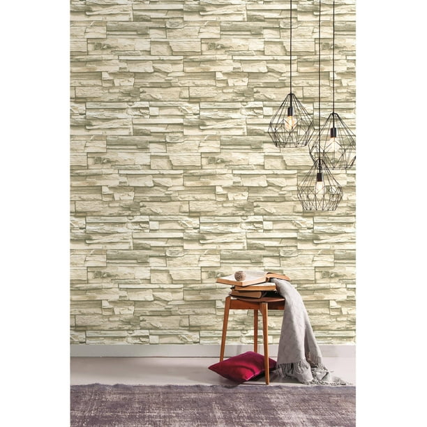 RoomMates Natural Brown Stacked Stone Peel and Stick Wallpaper