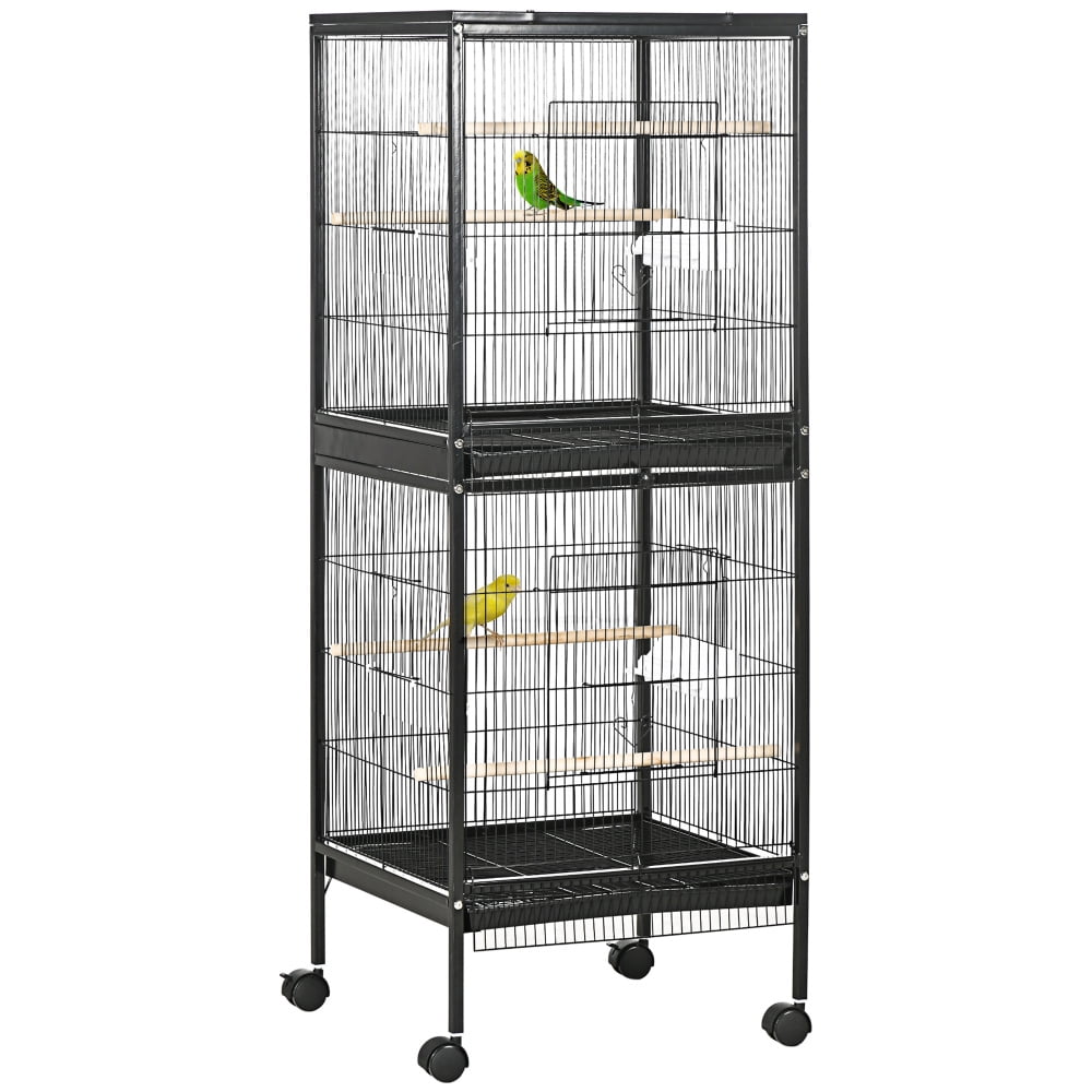 ZHICHUN 55" Large 2-in-1 Bird Cage 1.7ft Width Multi-Door Rolling Aviary with Wheels & Slide-Out Trays for Canary Finch Conure Parakeet Indoor Black