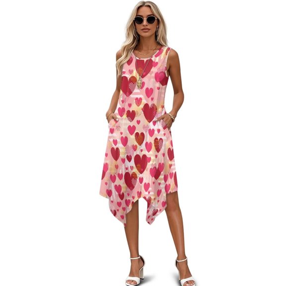 chaqlin Valentine's Day Heart Casual Dresses for Women Plus Size Sleeveless Midi Dress Summer Hankerchief Hem Tank Dresses Soft Crew Neck Sundress with Pockets