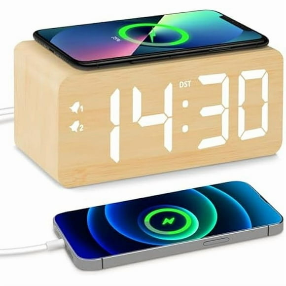 HAYANWood Digital Alarm Clock with 10W Fast Wireless Charger, USB Charging Ports, DST, Dimmable, Snooze, Large Number LED Display for Bedrooms, Desk, Living Room Table, Bedside, Nightstand (Bamboo)