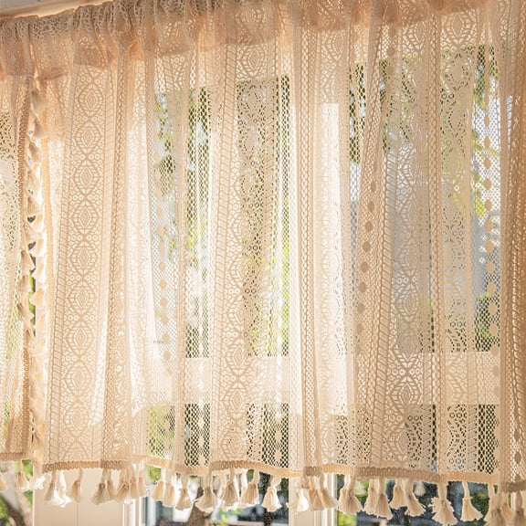 Kithen Curtains Valances for Windows Crochet Lace Macrame Boho Tassel Window Valance Farmhouse Small Rod Pocket Curtain for Living Room Bathroom Bedroom Decor 58x18 Inch