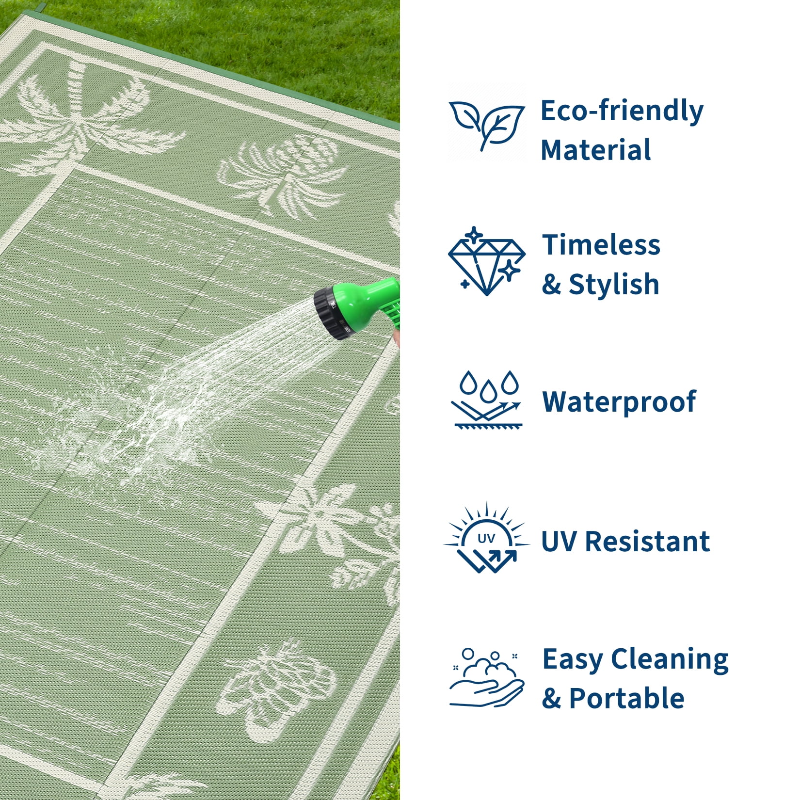Garvee Outdoor Rug 9x12ft Waterproof Reversible Foldable Plastic Straw Rug, Tropical Leaf Border Outdoor Mat for Patio, Camping, RV, Deck, Porch, Balcony, Black Blue