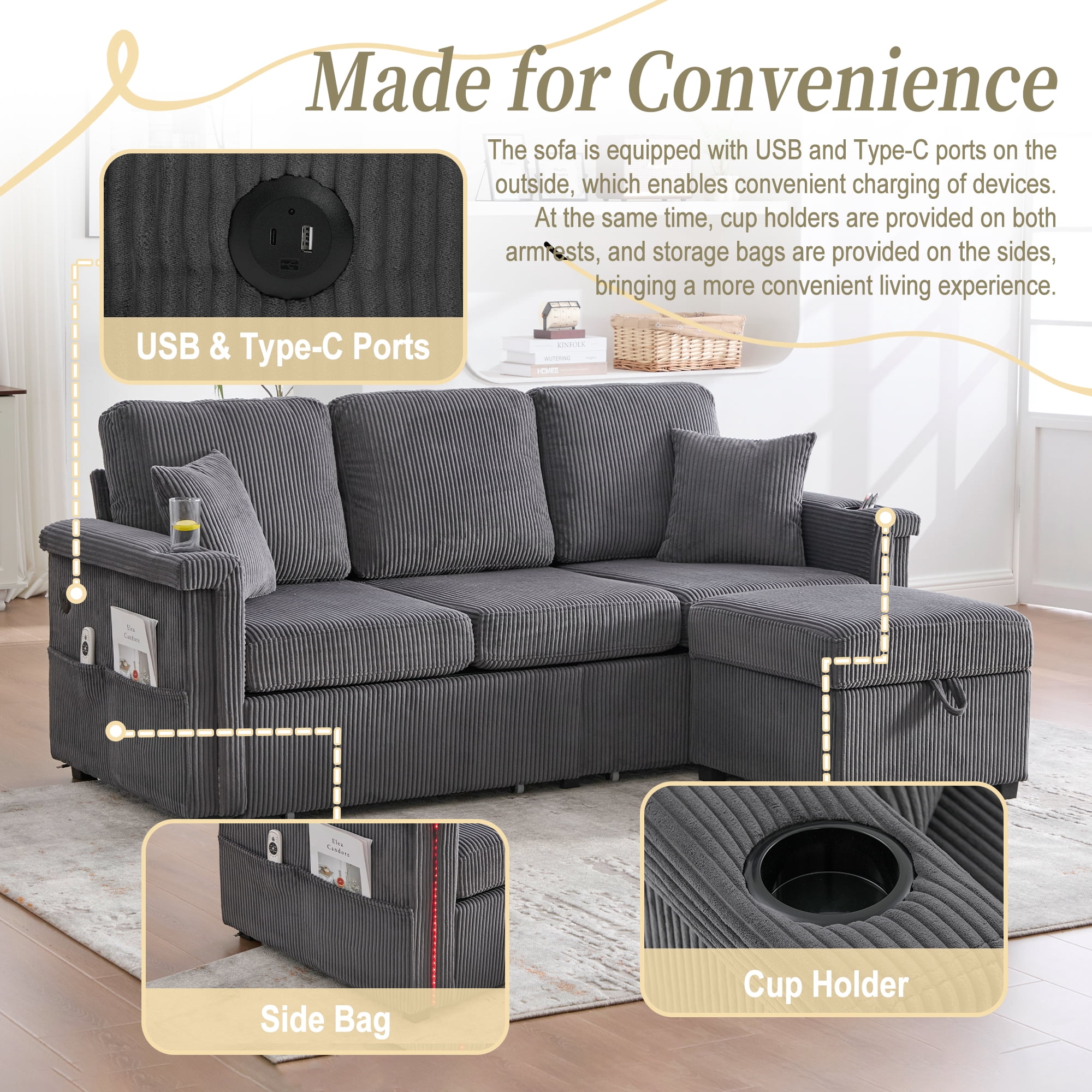 MOONMISS Corduroy Upholstered L-shaped Pull-Out Storage Sectional Sofa with Storage Ottoman,USB Charging,Cup Holder-Gray