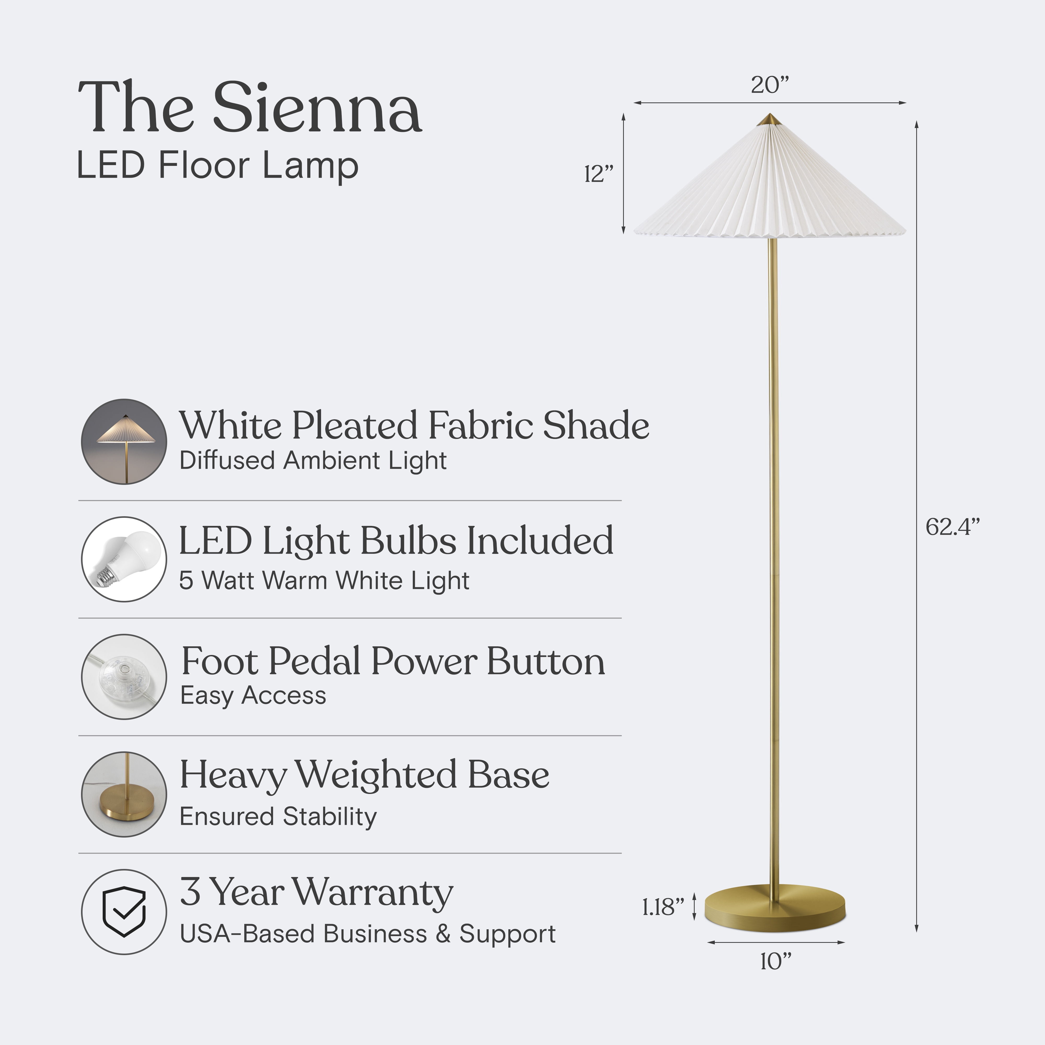 Sienna 62" Japandi-Inspired LED Gold Floor Lamp with White Pleated Cone Shade