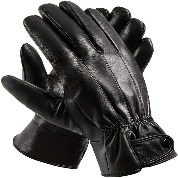 TELOLY Men's Winter Black Leather Gloves for Driving, Real Sheepskin Leather, Warm Fleece Lined Gloves