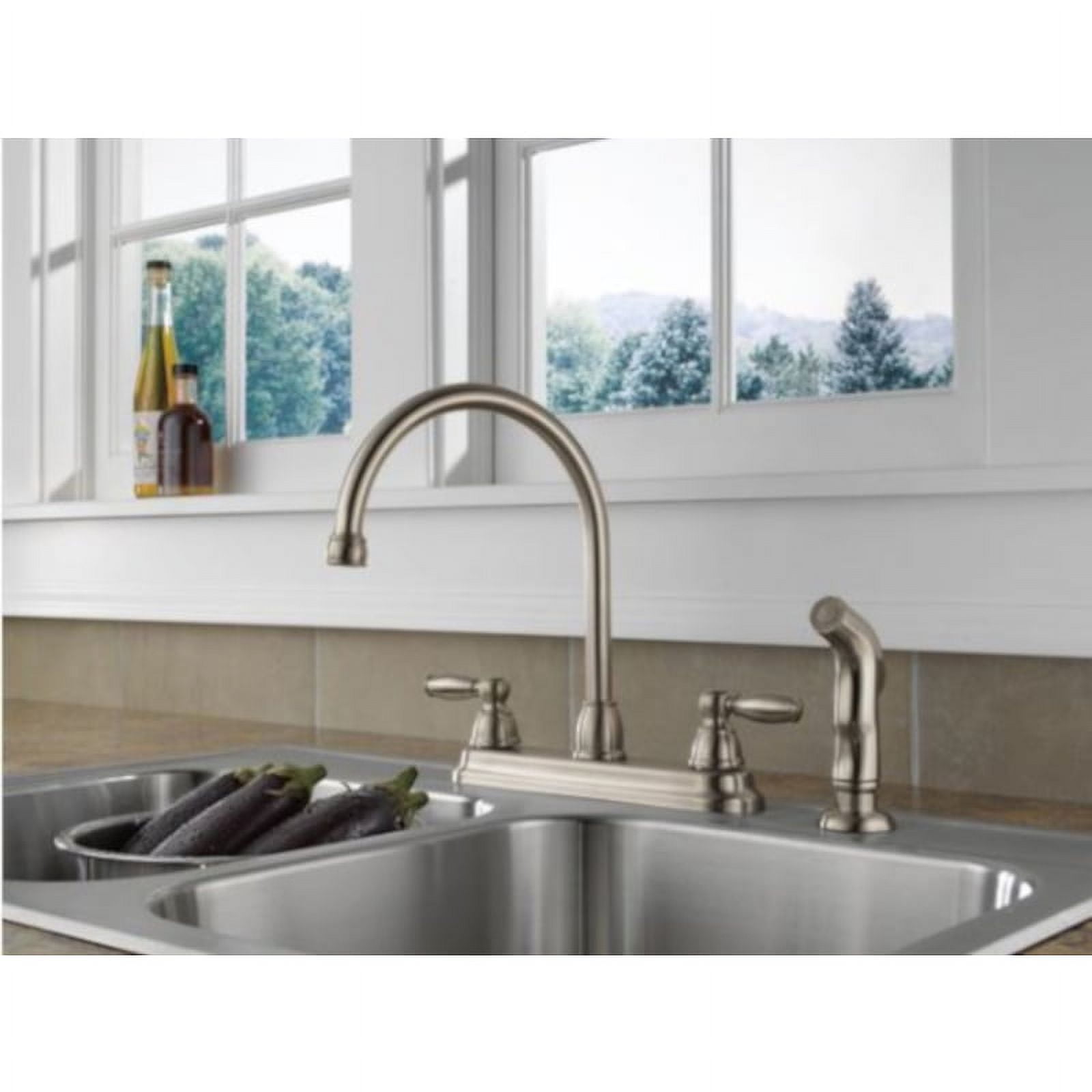 Peerless Claymore Apex Two Handle Stainless Steel Kitchen Faucet Side Wand Included