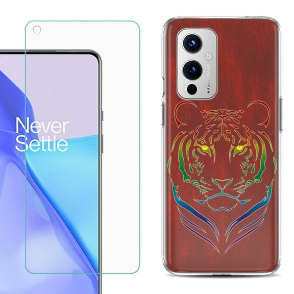 Slim-Fit TPU Phone Case Compatible with OnePlus 9 5G, with Tempered Glass Screen Protector, by OneToughShield ® - Night Tiger