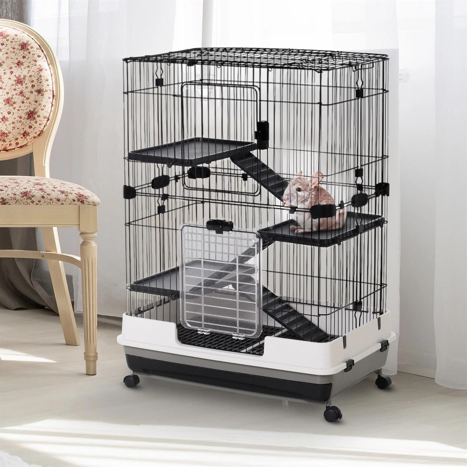 Kadyn 32" Large Hamster Cage, Rabbit Hutch with Tubing System, Running Wheel, Ramps, Platforms, 4-Level Small Animal Habitats for Bunny, Chinchillas, Ferret, Gray