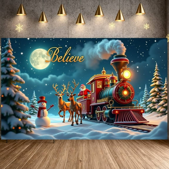 Vintage Steam Train Christmas Banner Santa Claus Figure Holiday Display Reindeer Pair Snowman Decoration Xmas Backdrop for Christmas Party Holiday Decoration Family Gathering