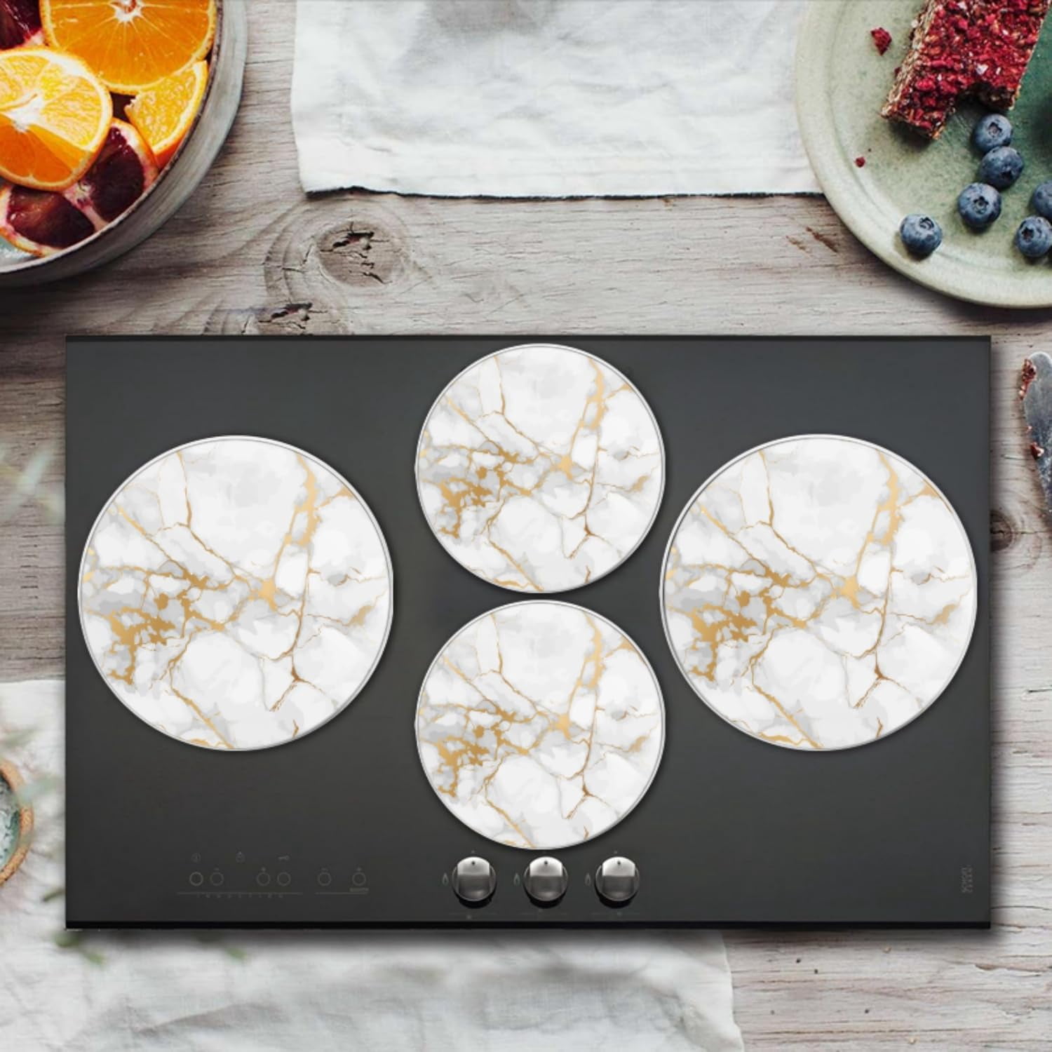 Electric Stove Top Covers Set of 4 for Range Accessories, Elegant White Marble with Golden Veins Gas Stove Top Covers for Expanding Counter Space Stovetop Decor