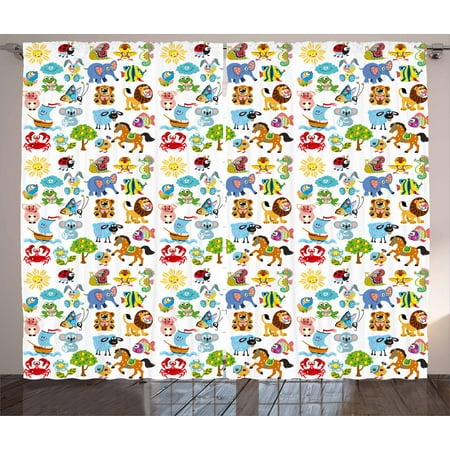 - Nursery Curtains 2 Panels Set, Various Different Animal Figures and Nature Themed Cartoon Characters Babies Kids, Window Drapes for Living Room Bedroom, 108W X 63L Inches, Multicolor, by Ambesonne