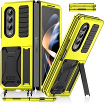 Compatible Metal Samsung Galaxy Z Fold 4 5G Phone Case with Hinge Protection & Stand,6ft Drop Tested Military Heavy Duty Dual Layer Protective Bumper Metal Case for Samsung Z Fold 4 Case Yellow