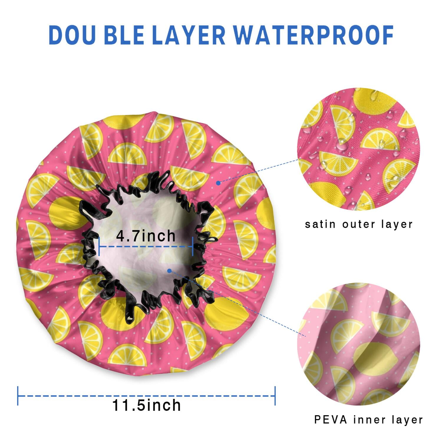 Shower Caps,Yellow Lemon Fruit Slices Pink Pattern Waterproof Shower Cap for Women 4 Pieces,Double Reusable Hair Cover for Shower PEVA Elastic Stretch Hem