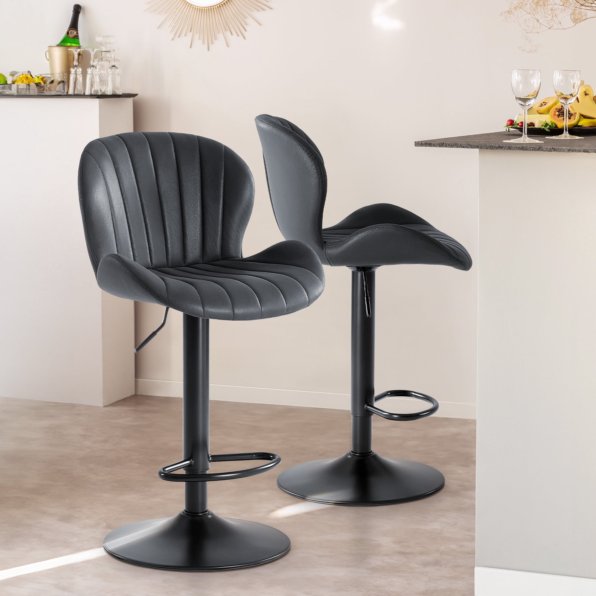 Swivel Bar Stools Set of 2 Adjustable Counter Stools Bar Chairs, Faux Leather High Back Barstools for Kitchen Island, Stripe Black