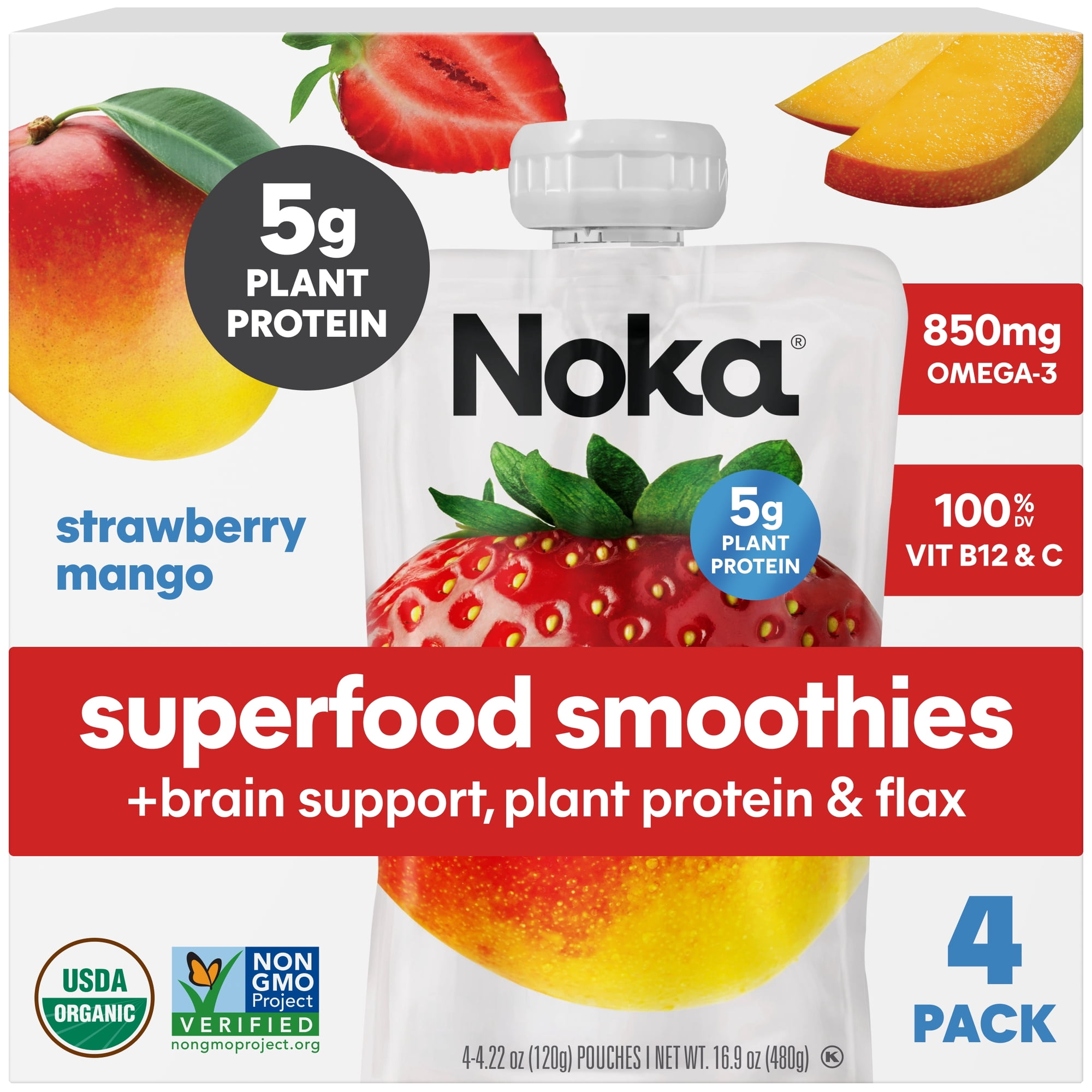 Noka Organic Superfood Smoothie Pouches, Plant Protein, Strawberry Mango, 4.22oz, 4 Pack