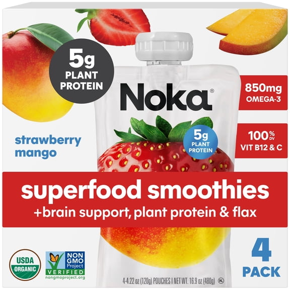 Noka Organic Superfood Smoothie Pouches, Plant Protein, Strawberry Mango, 4.22oz, 4 Pack