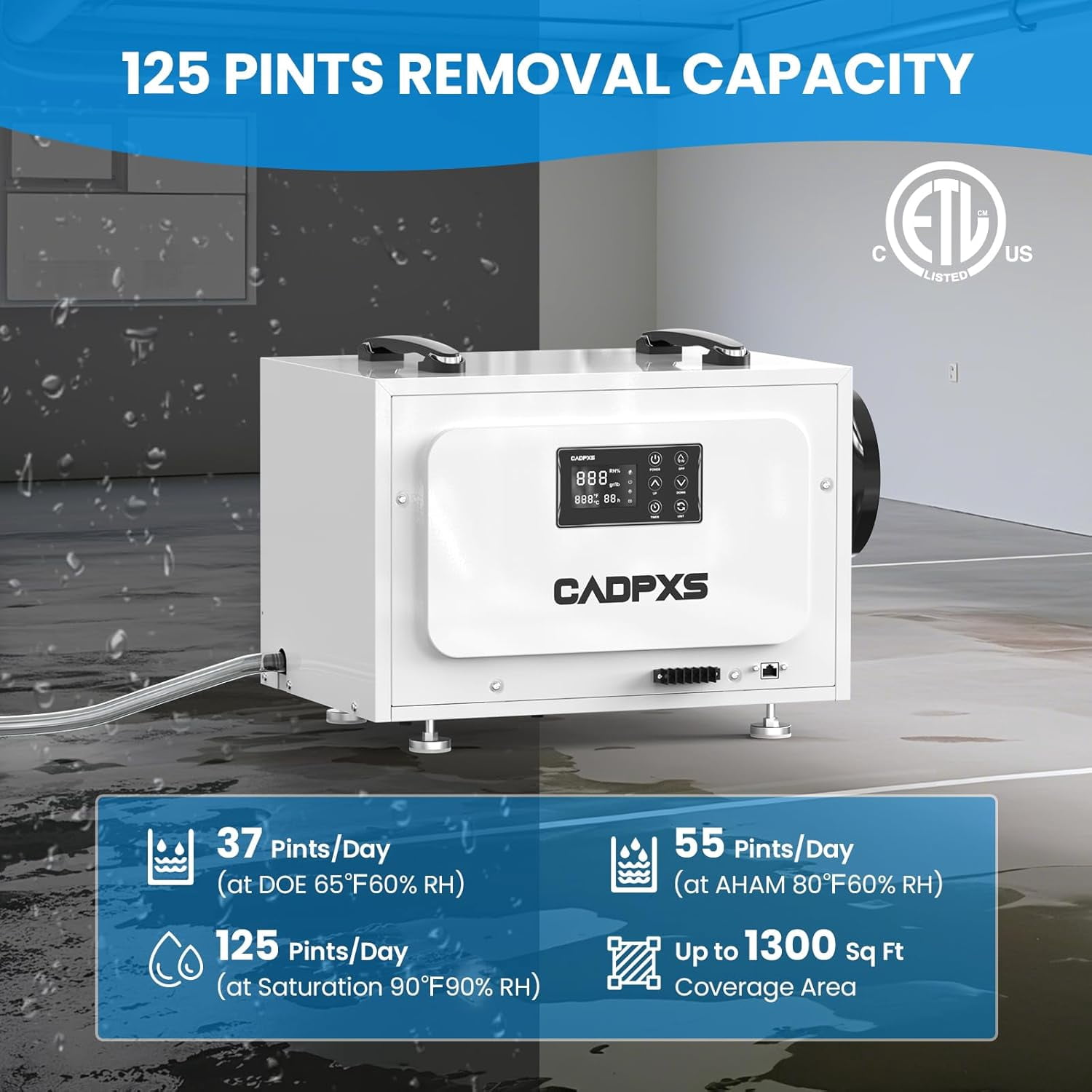 CADPXS Crawl Space Dehumidifier, 125 Pints Commercial Dehumidifiers with Drain Hose, Dehumidifier for Crawlspace, Basements & Water Damage Use, Auto Defrost & Memory Restart, cETL Listed