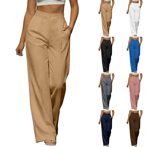 Women's Solid Color Wrinkle-Free Pleated High Waisted Business Casual Wide Leg Dress Pants Khaki XL(XL)