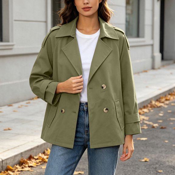 Kttectoa Trench Coat for Women Cropped Lapel Double Breasted Long Sleeve with Pockets Straps Solid Trench Coat