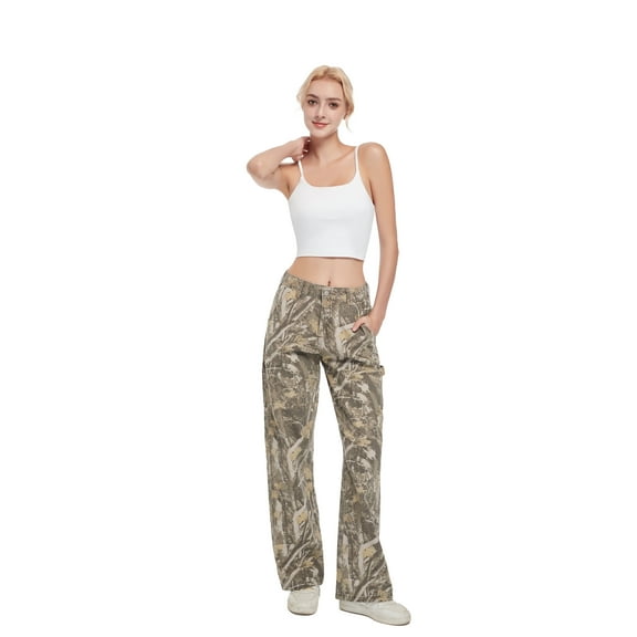 PinkyMoor Women’s camo pants, stretch mid-low rise casual cargo pants with branch camouflage pattern, perfect for work and everyday wear, featuring pockets and a loose straight-leg fit.