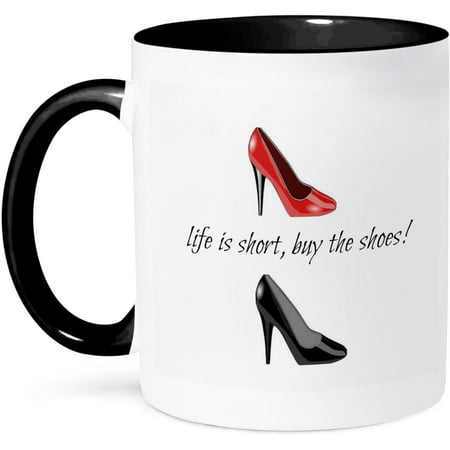 

3dRose Life Is Short Buy Picture Of Shoes Black Lettering Two Tone Mug 11 oz