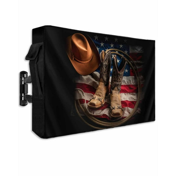 Cowboy Boots Hat Outdoor TV Cover 48 to 50 Inch Weatherproof, American Flag Vintage Artwork 600D Oxford TV Covers with Waterproof Zipper, Outside Flat TV Screen Protector Size 48"W x 30"H x 4.5"D