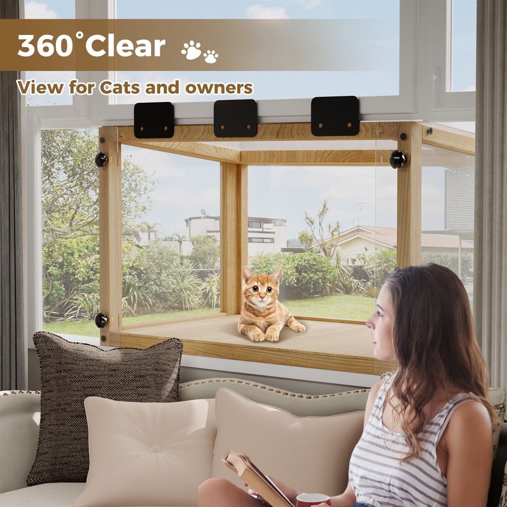 Waterproof Wooden Cat Window Perch - Outdoor Cat Box with Acrylic Panels, Weatherproof Cat Enclosure for Single Hung Windows