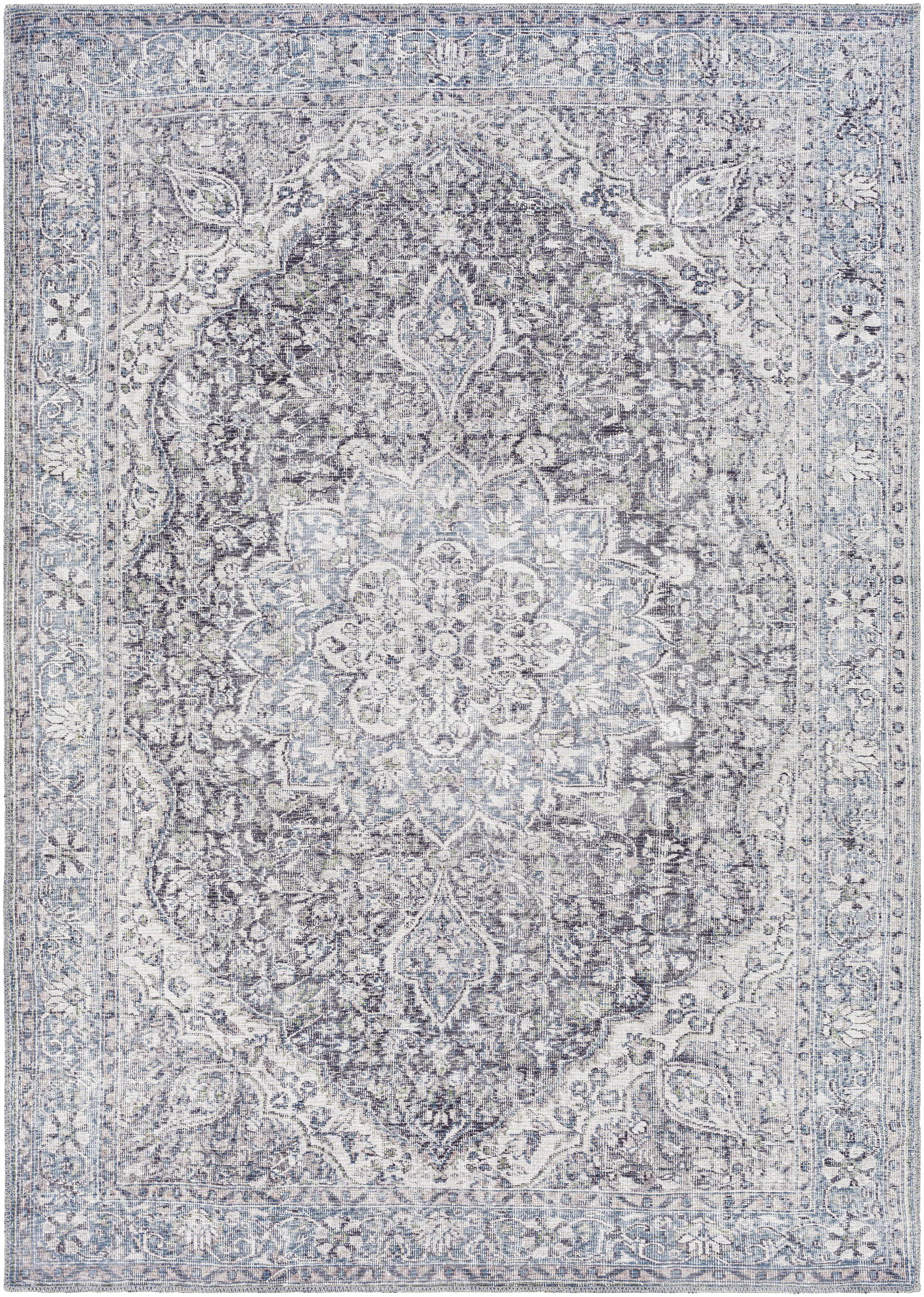 Hauteloom Tavas Machine Washable Area Rug - Oriental Traditional Medallion - Bohemian Vintage Distressed Carpet - Grey, Blue - 9'3" x 12'
