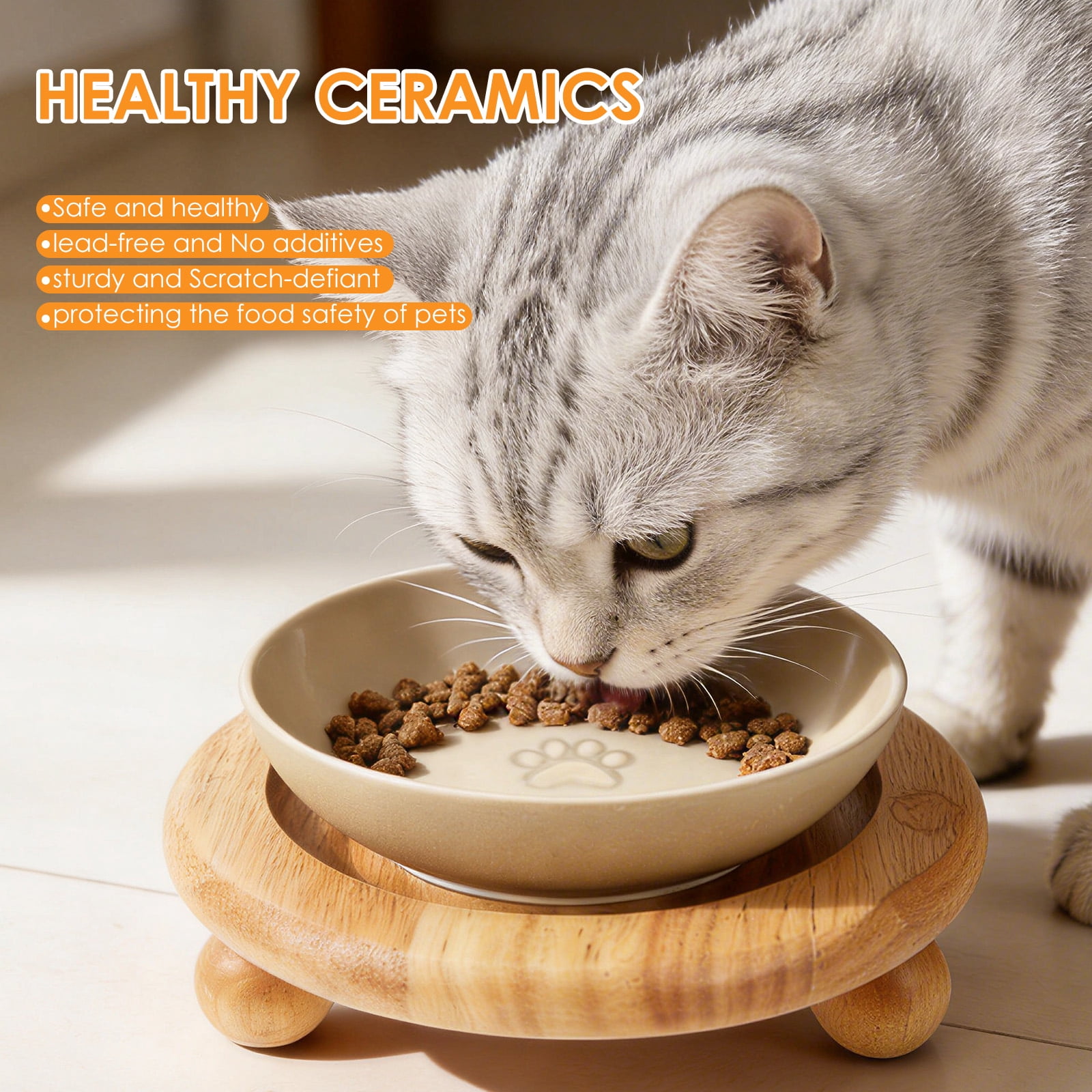 Raised Ceramic Wide Whisker Friendly Cat Dish Food and Water Bowl with 2 Style Stand Adjustable Pet Bowl Set for Food and Water