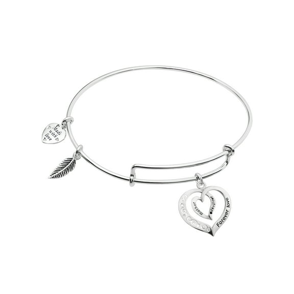 Sterling Silver Mother Daughter Forever Love Heart Leaf Dangle Charm Adjustable Wire Bangle Bracelet