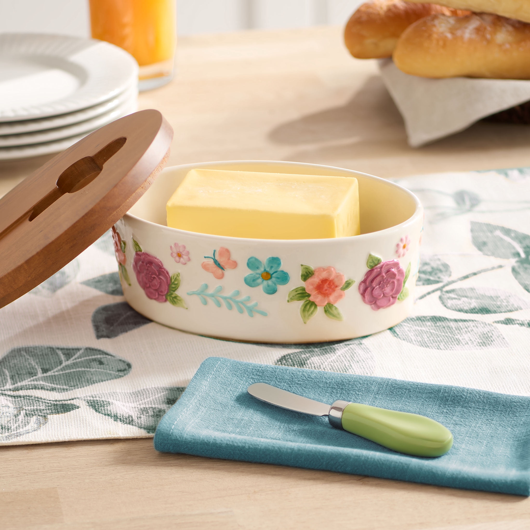 The Pioneer Woman Ceramic Painted Meadow Butter Dish with Acacia Wood Lid and Serving Knife, Best Used for Everyday Kitchen Organization