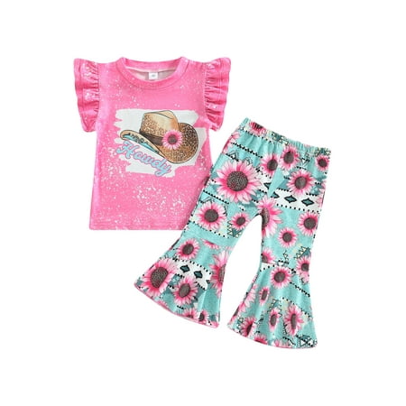 

Kids Girls Pants Set Fly Sleeve Letters Print Vest with Flare Pants Summer Outfit
