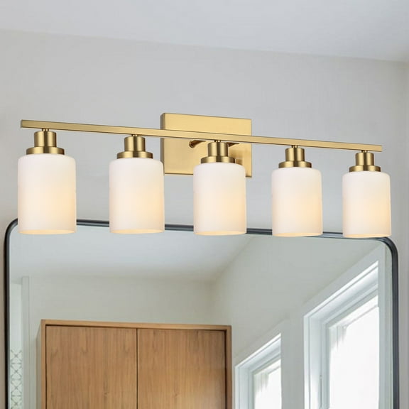 Melucee Modern Bathroom Light Fixtures, 5 Light Vanity Lights, Brass Wall Lamp with White Glass for Bathroom