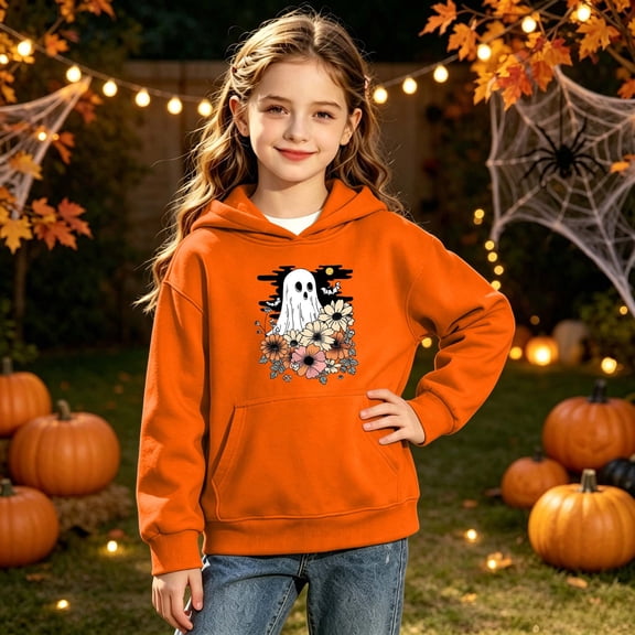 CBASIHI Girls Halloween Sweatshirts with Pockets Fleece Warm Pullover Ghost Flower Print Soft Cute Long Sleeve Hoodies Orange 4 T-12 T