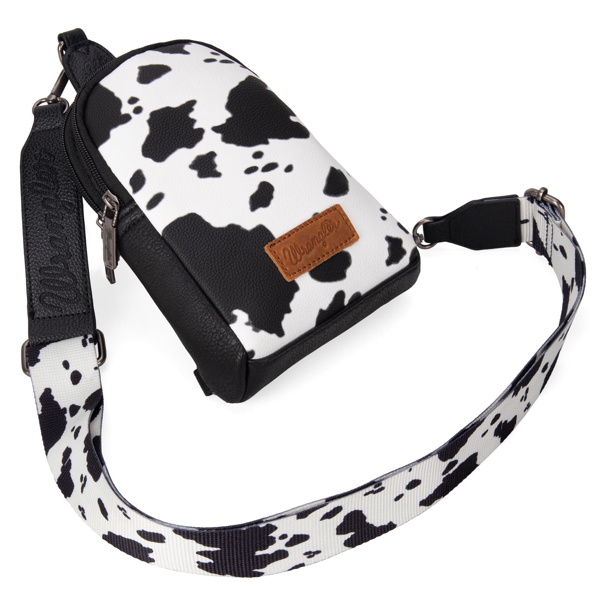 Wrangler Cow Print Crossbody Bags for Women Western Sling Bag with Adjustable Starp Cross Body Purse, Black