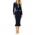 thumbnail image 1 of Vestido de suéter de manga larga para mujer INSPIRE CHIC con contraste de ribete y volantes, vestido ajustado de punto acanalado para otoño e invierno, talla XL, azul marino, 1 of 5