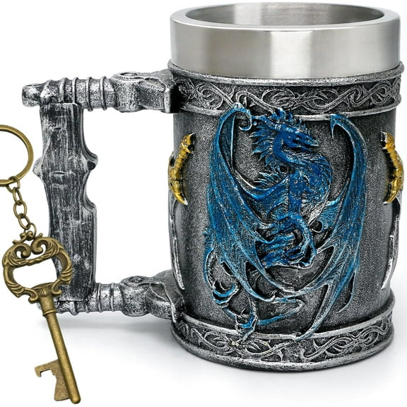 alikiki Medieval Large Beer Tankard Blue Dragon DnD Game Mug of Throne Stainless Coffee Cup Dungeons and Dragons Gifts for Men Women Dragon Collector Themed Party Decorations 21oz