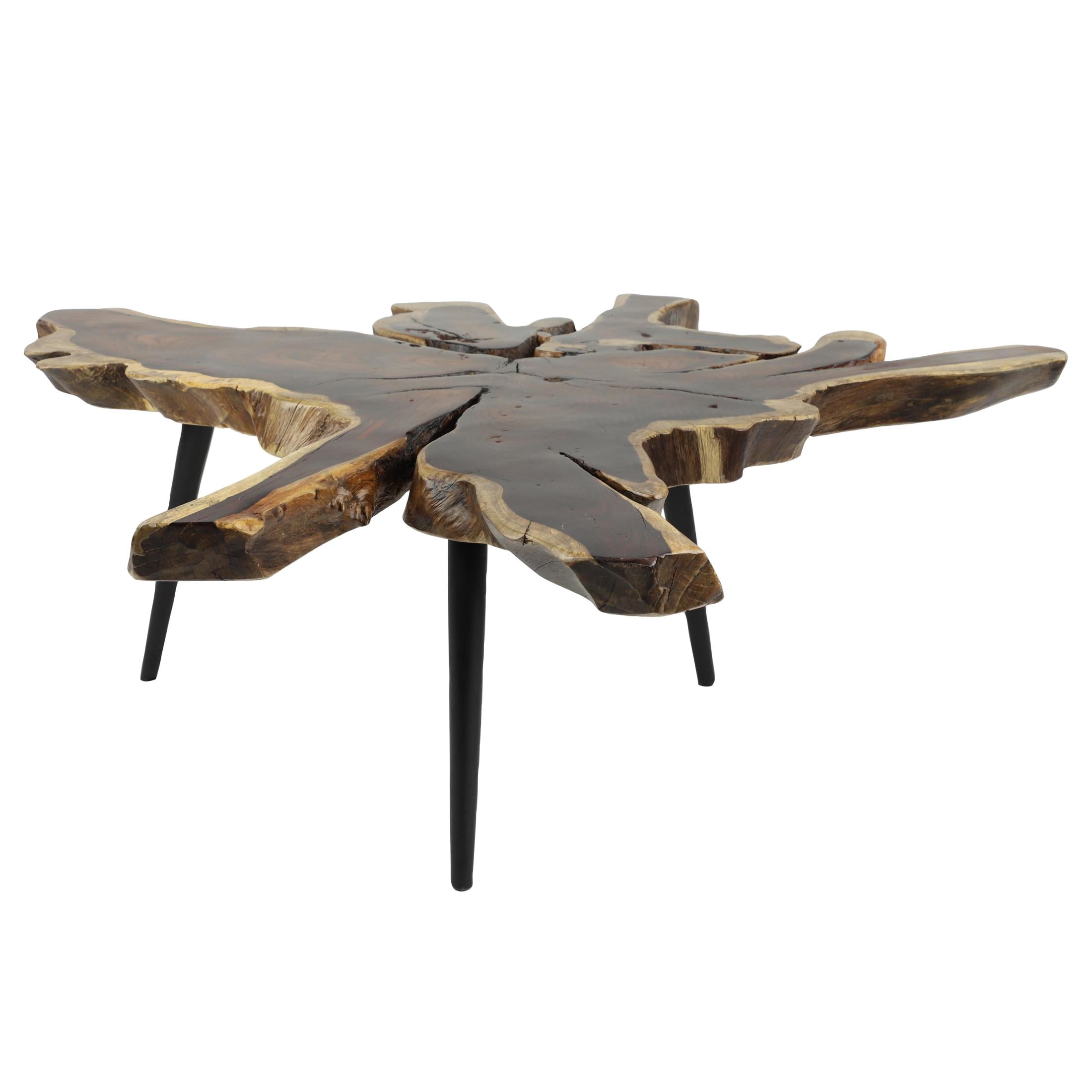 DecMode 32" x 16" Brown Wood Handmade Live Edge Top Coffee Table with Black Metal Tripod Legs, 1-Piece